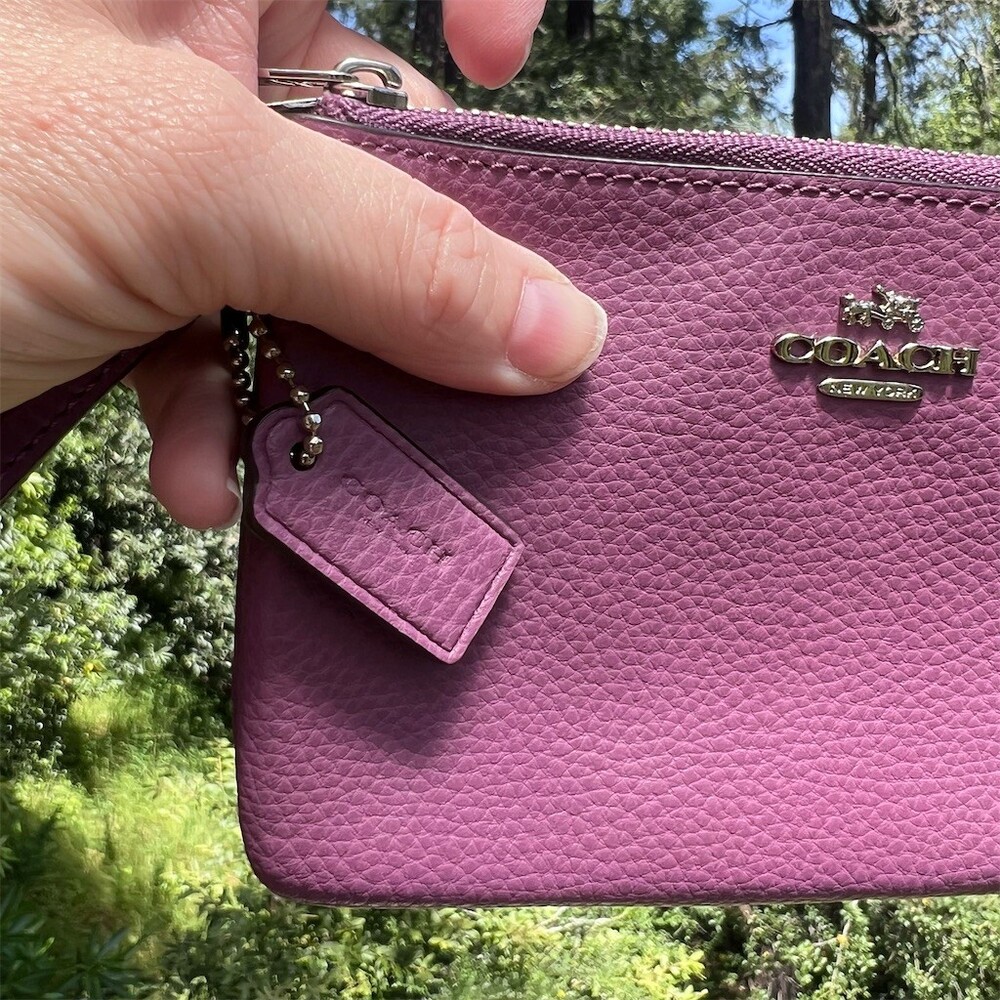COACH Pebbled Leather Wristlet Wallet Double Zip Purple w Silver Hardware - Picture 14 of 15